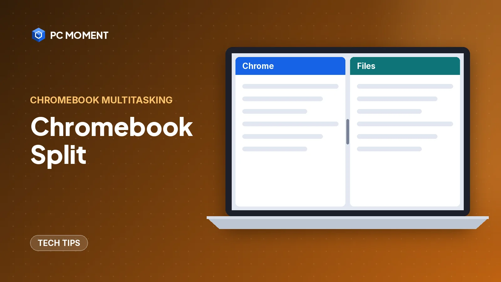 Illustration of a Chromebook laptop with Chrome snapped to the left half and the Files app to the right